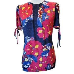 Nikki Poulos Bold Colorful Flower Print with ties in cap sleeves Top Size XS